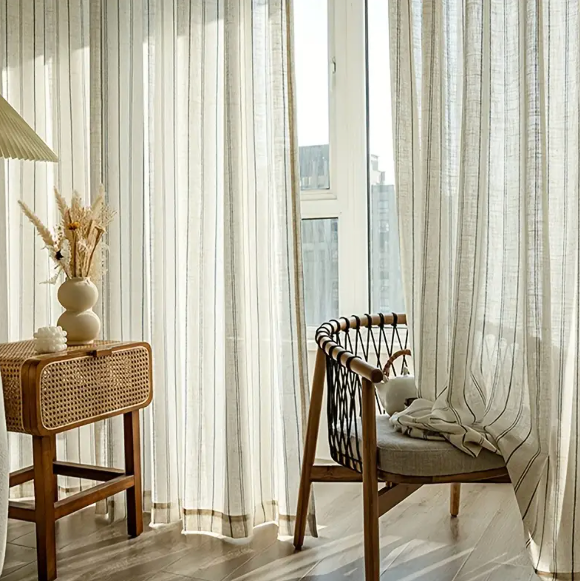 Tiyana Japanese-Inspired Linen Striped Sheer Tulle Curtain