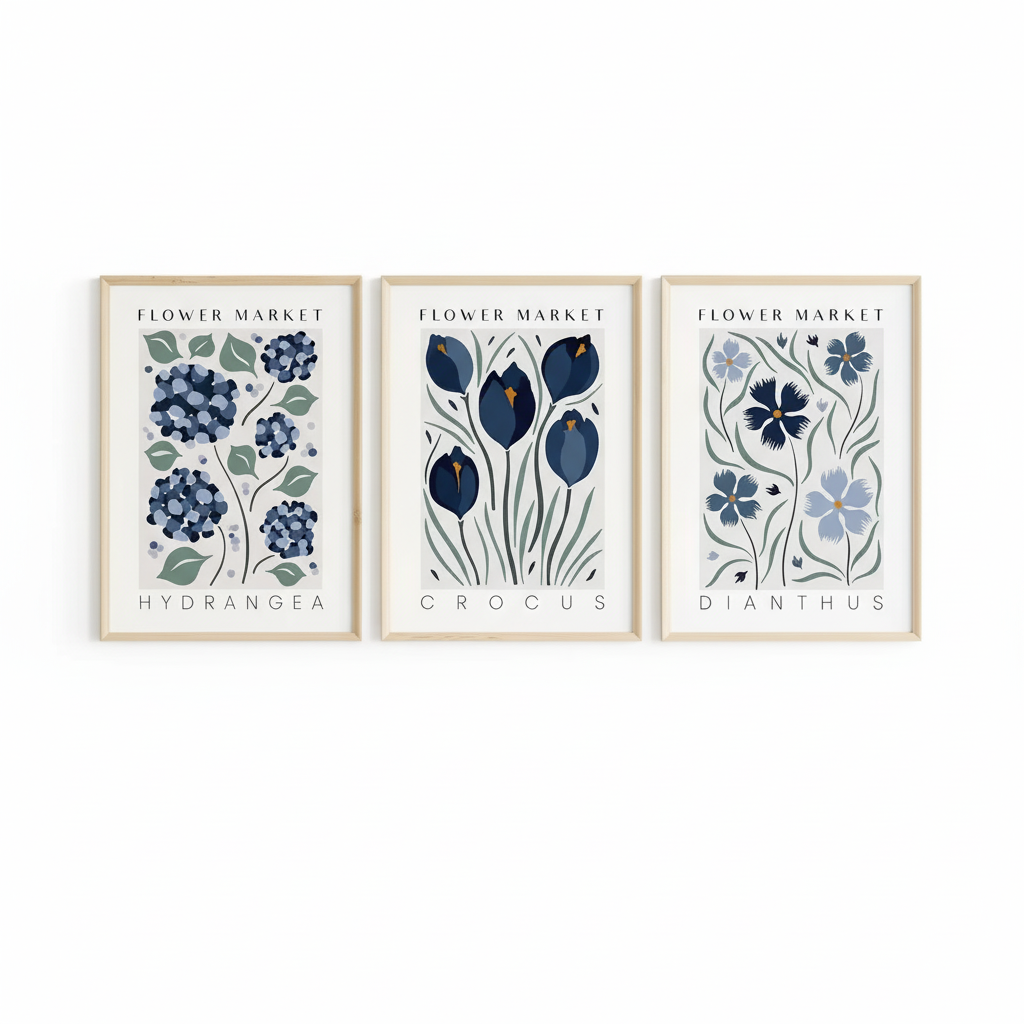 3-Piece Navy Blue Floral Market prints